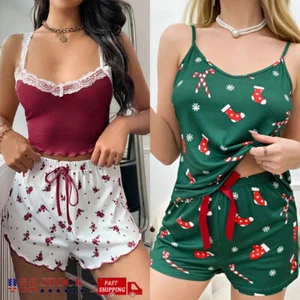 Women Lingerie Cami Pajama Set Sleepwear Lace Trim Short PJ Set w/Shorts 2 Piece - Picture 1 of 18