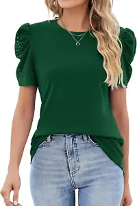 Puff Short Sleeve Shirt for Women Eyelet Tops Summer Crewneck Blouse Loose Fit S - Picture 1 of 12
