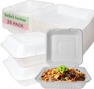 Compostable Square Clamshell 9"x9" Food Take Out Box Disposable To Go 25pcs - Picture 1 of 8