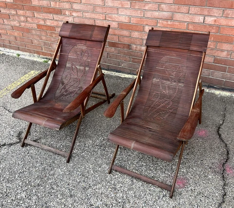 SCARCE VINTAGE 1940s SET OF 2 JAPANESE BAMBOO LOUNGER DECK CHAIRS Cover
