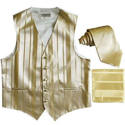 New Men's vertical stripes Tuxedo Vest Waistcoat_tie & hankie beige prom formal - Image 1 of 4