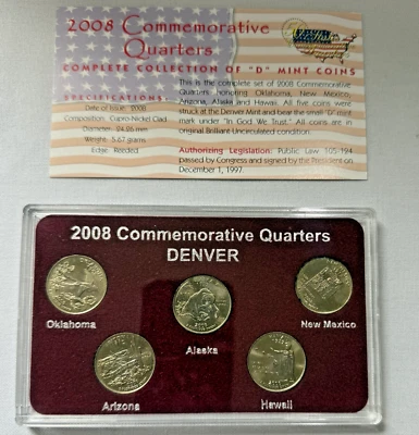 2008 Commemorative Quarters (All 5) Denver Mint Coins -Toned/ Tarnished- Uncirc. - Image 1 of 4
