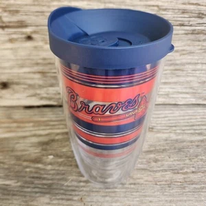 Small Atlanta Braves TERVIS TUMBLER Red & Blue Tomahawk Travel Lid 16-Ounce GUC - Picture 1 of 11