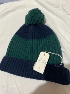 Jack Wills Navy Blue & Green Beanie Bobble Woolly Hat New With Tags - Picture 1 of 8