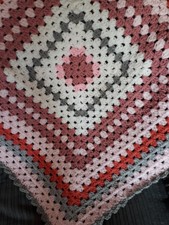 hand crochet chunky baby blanket in pinks, white and grey #C02