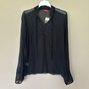 NWT Sheer Black Top Dark Fairy Women L Silk Whimsigoth Floral Velvet Embroidered - Picture 1 of 10