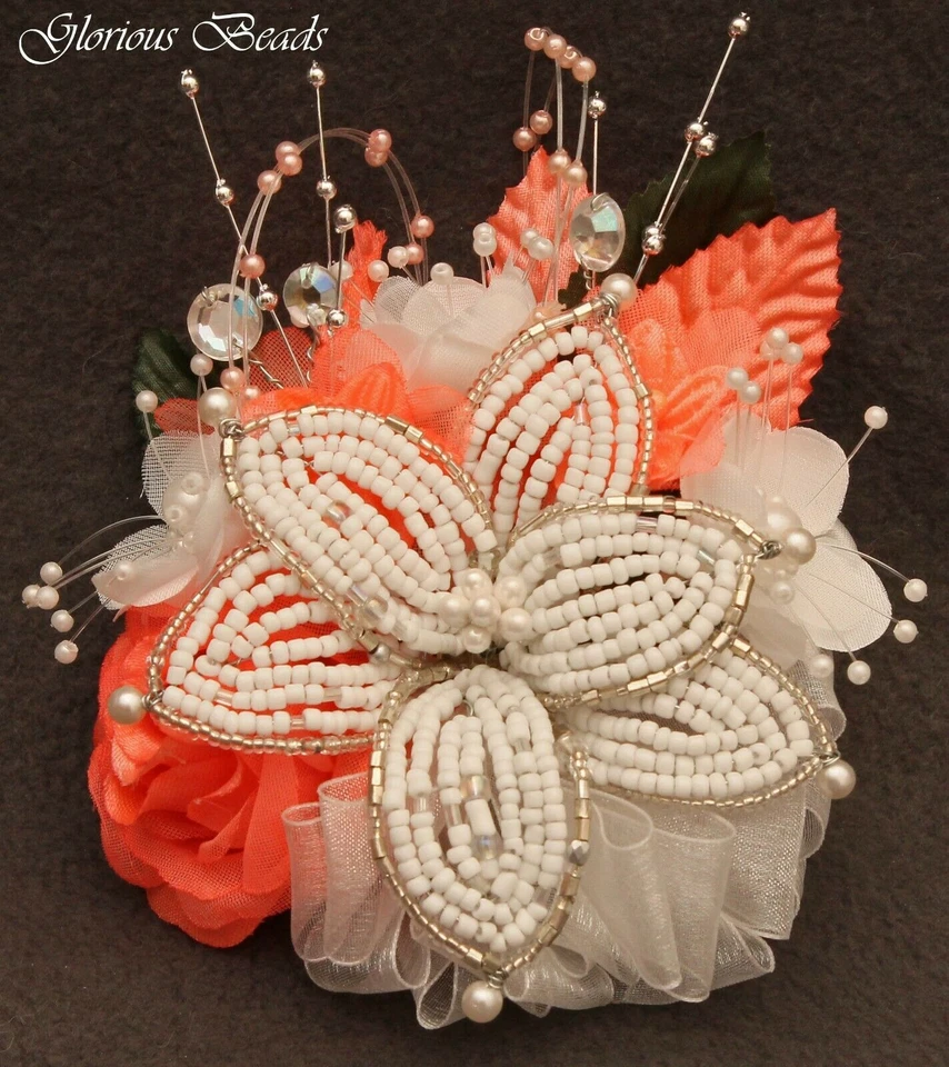 Corsage Coral Rhinestone Wedding Prom BEADED LILY or 2pc with Boutonniere - Image 1 of 1