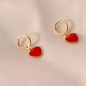 Gold & Red Heart Charm Dangle Huggie Earrings NEW - Picture 1 of 5