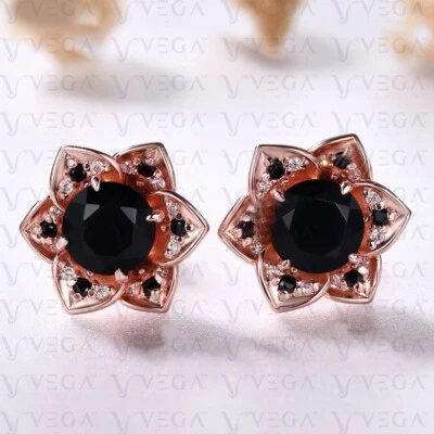 3.54Ct Round Shape Natural Black Onyx & Diamond Stud Earring 14K Solid Rose Gold - Image 1 of 4