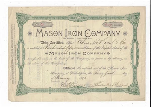 PENNSYLVANIA 1893 Mason Iron Company Stock Certificate #10 - Picture 1 of 2