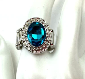 Anillo banda elástica vintage azul claro pedrería cóctel tono plata Estate - Imagen 1 de 10