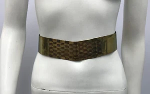 VINTAGE HIPPIE METAL BELT 2 TONE BRASS COPPER BASKET WEAVE LEATHER TIES SIZE XS - Picture 1 of 4