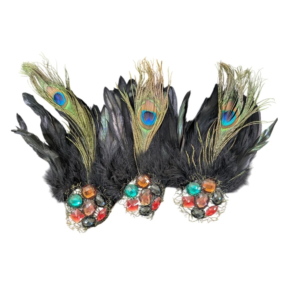 20s Peacock Feathers & Jewels Hair Clip/Brooch Set of 3 Showgirl Burlesque - Image 1 of 2