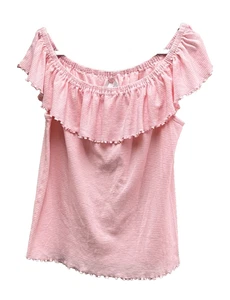 Vintage Soft Surroundings Ruffled PINK Cotton Knit PEASENT BLOUSE Sz L NWOT - Picture 1 of 3