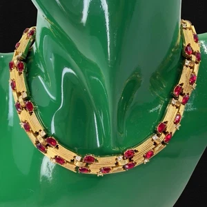 1950 Vintage SIGNED 🖤 Crown Trifari 🖤 Gold Tone RUBY RED FUCHSIA PINK Necklace - Picture 1 of 19