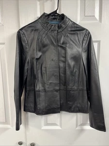 I.E. Damen schwarze Lederjacke Druckknöpfe Slim Cropped Größe Petite Large - Bild 1 von 5