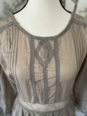 FREE PEOPLE Victorian Embroidered Taupe Lace Mini Dress Boho Romantic Sz 6 Small - Image 1 of 4