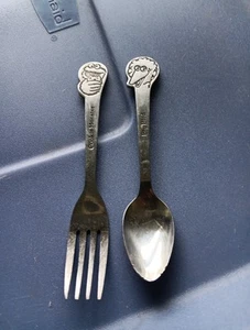 Vintage MUPPETS COOKIE MONSTER & BIG BIRD  STAINLESS Youth CHILD'S Fork & Spoon - Picture 1 of 5