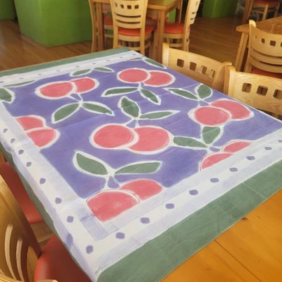 49 X 50 Tablecloth Blue Green Red Cherries Square - Image 1 of 4