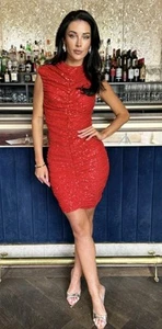 AX Paris Red Sequin High Neck Ruched Bodycon Mini Dress - Size 8 - RRP £70 - Picture 1 of 3