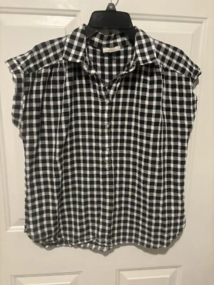 Loft Shirt Casual Women’s Black & White Buffalo plaid Short sleeve Blouse Medium - Image 1 of 4