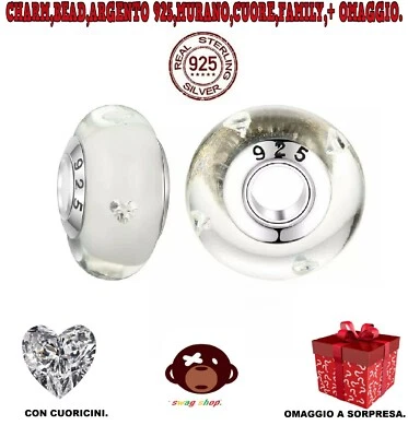 Charm Argento S925 vetro murano cuore punto luce beads bracciale ciondolo - Immagine 1 di 4