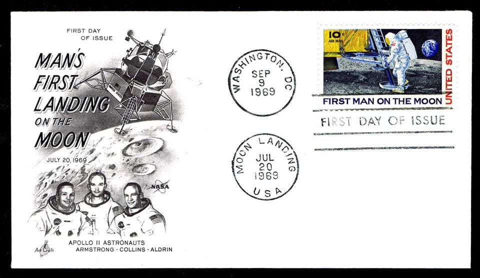  #C76 Apollo 11 MOON LANDING 1969 Dual Cancelled ARTCRAFT Cachet SPACE FDC  - Image 1 of 1