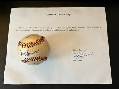 Raro Ned Garver Juego Usado Béisbol 1947 Liga de Texas St. Louis Browns KC A's Foto 1 de 4