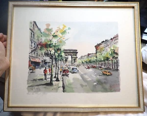 Pintura acuarela vintage de París de G. LeLong Paris Les Champs Elyees enmarcada - Imagen 1 de 9