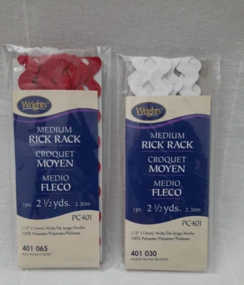 2 NIP Wrights Medium Rick Rack Sewing Trim ~ Red & White 2.5 Yds Each - Image 1 of 4
