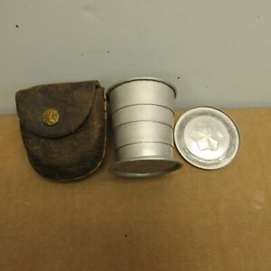 Vintage Collapsible Telescoping Aluminum Cup Star Lid Leather Pouch Travel Art