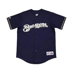 VINTAGE MAJESTIC MILWAUKEE BREWERS JERSEY LARGE L MENS BLUE STITCHED MADE IN USA - Picture 1 of 4