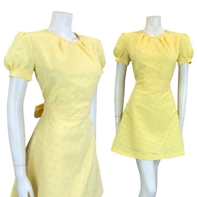 VTG 60S 70S YELLOW WHITE DIAMOND GEOMETRIC PUFF SLEEVE TIE MOD MINI DRESS 14 - Image 1 of 4