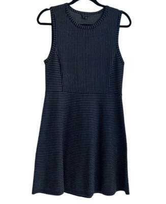 Theory Randria Evian Stretch Wool Navy A-Line Stripe Dress - Image 1 of 4