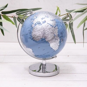 Silver & Blue Vintage Globe Metallic Metal Rotating World Atlas Desk Ornament - Picture 1 of 4