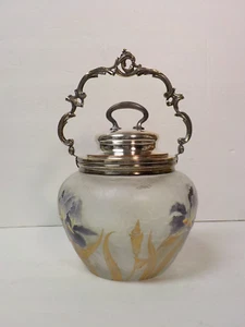 French Victor Saglier Art Nouveau Cameo ART GLASS Enameled Biscuit Jar, c. 1900 - Picture 1 of 14