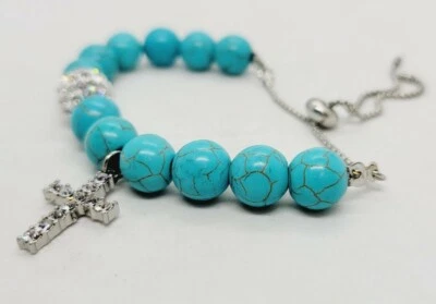 Pulsera Ajustable Religiosa Bola Piedra Teñida Color Turquesa CRISTAL CRUZ Foto 1 de 4