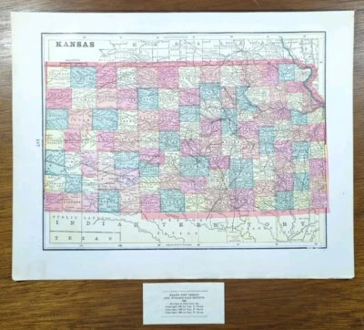 Vintage 1893 KANSAS Map 14"x11" ~ Old Antique Original TOPEKA SHAWNEE COUNTY KS - Image 1 of 4
