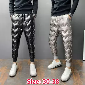 Men Shiny Padded Trousers Pants Quilted Puffer Waterproof Thicken Tapered - Picture 1 of 12