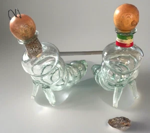 2 Vtg Tequila Worm Decanter Bottles Mexican Empty Wood Head Cork Stoppers - Picture 1 of 17