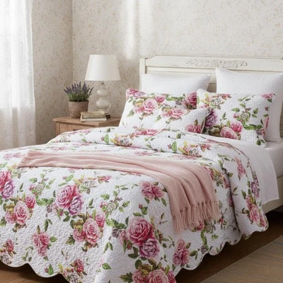 DaDa Bedding Romantic Roses Floral Bedspread Set - Lovely Spring Pink & White... - Image 1 of 4