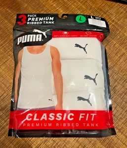 PUMA 3 Pack Premium Ribbed Tanks, Size Large, White With Logo, New In Bag - Picture 1 of 4