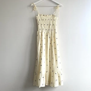 House Smocked Bodice Butter Yellow Floral Midi Dress Size M Embroidered Tiered - Picture 1 of 12