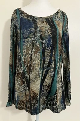 TRIBAL Abstract Forest Fairy Fall Artsy Top Medium Stretch Animal Print 3/4 Sl - Image 1 of 4