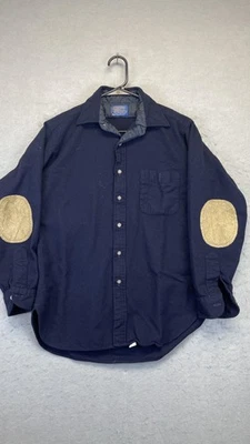 Vintage Pendleton Shirt Mens Medium Navy Wool Button Front Elbow Patches USA 90s - Image 1 of 4