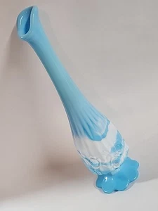 Fenton Blue & White Swirls Slag Swung Glass Bud Vase Cabbage Rose Pattern 9.5" - Picture 1 of 16