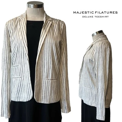 MAJESTIC FILATURES Ivory/Navy Stripe Linen Stretch Jersey Open Jacket 2/SMALL - Image 1 of 4