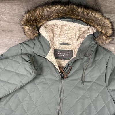 Chaqueta parka Eddie Bauer para mujer talla XL con capucha cremallera completa ribete de piel sintética verde Foto 1 de 4