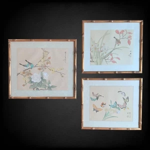 Marcos firmados acuarela flores mariposa pájaro asiático seda de colección - Imagen 1 de 16