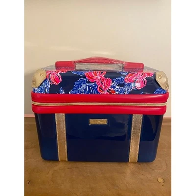 Estojo de trem Lilly Pulitzer azul marinho floral lado rígido Preppy Resort viagem azul rosa - Imagem 1 de 4